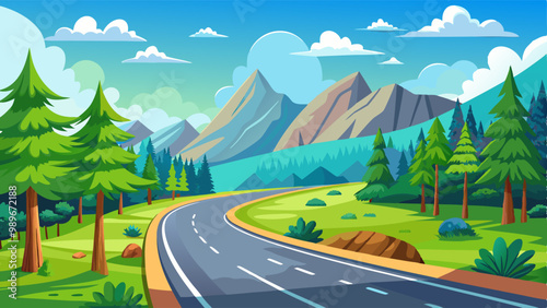 Empty curve asphalt road among green trees and grass, mountains and blue sky with clouds. Cartoon summer vector landscape of highway in forest lead to rocky hills. Countryside scenery with path.