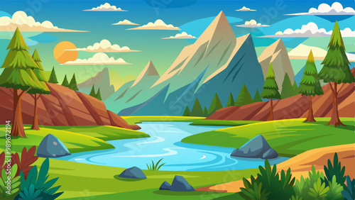 Summer day landscape with river or lake at foot of high rocky mountains. Cartoon vector illustration of sunny scenery with green grass and bushes on banks of pond near hills, blue sky with clouds.
