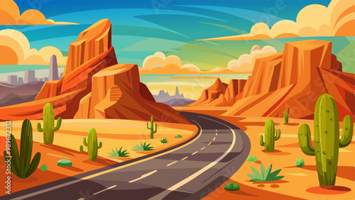 Desert landscape with road, rocks and cactuses. Vector cartoon illustration of highway turn in Arizona or Mexico hot sand desert with orange mountains. Summer western american landscape