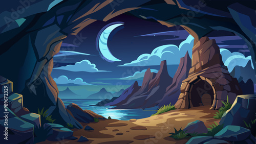 View from inside of cave on rocky cliff mountains at night with crescent moon on sky. Cartoon vector illustration of midnight landscape through underground grotto entrance hole. Empty stone cavern.