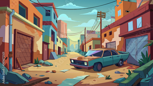 Old abandoned broken car without wheels standing in alley of ghetto neighborhood. Cartoon vector illustration of city poor street area. crime town slum alleyway with buildings and damaged transport.