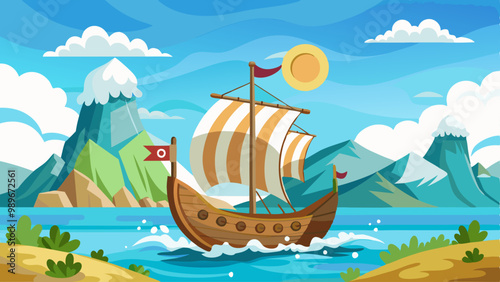 Sea landscape with wooden ship with white sail and paddle. Cartoon vector background, viking boat with folded sails, shields hanging on board on ocean wave at sunny day