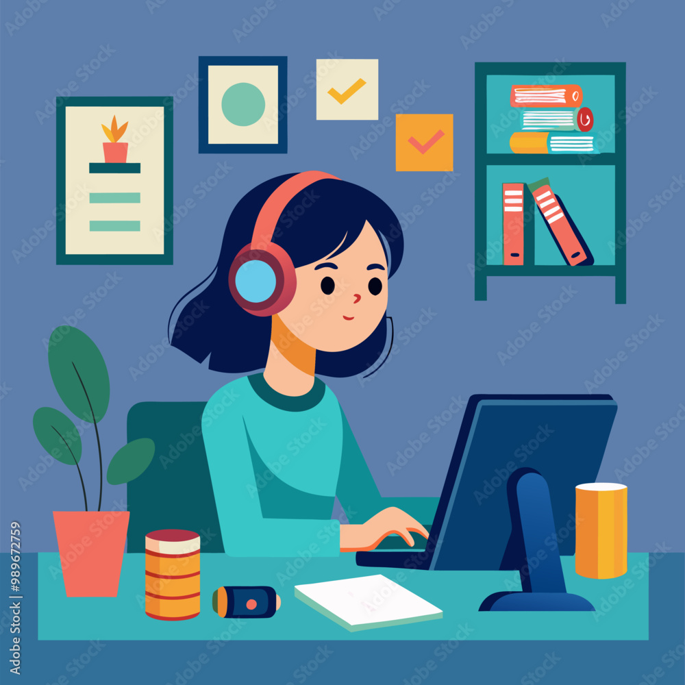 Teenager working on desktop computer at home. Vector cartoon illustration of teen girl studying in headphones, typing on keyboard, note papers scattered on desk, bookshelf and framed pictures on wall Teenager working on desktop computer at home. Vector cartoon illustration of teen girl studying in headphones, typing on keyboard, note papers scattered on desk, bookshelf and framed pictures on wall