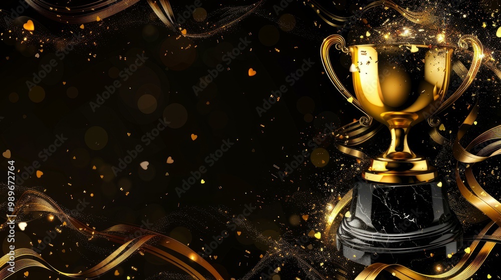 Golden trophy with confetti and ribbon decorations on dark background, celebrating achievement or success concept Golden trophy with confetti and ribbon decorations on dark background, celebrating achievement or success concept