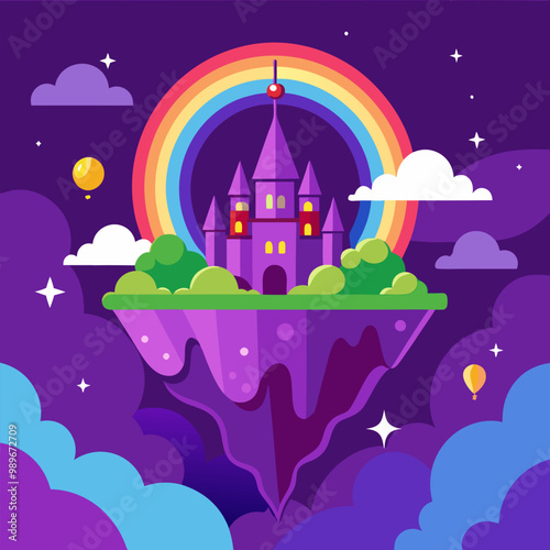 Purple fantasy sky with floating island and magic castle cartoon illustration. Fairytale mobile rpg game vector background with medieval princess mansion with rainbow landscape on flying platform