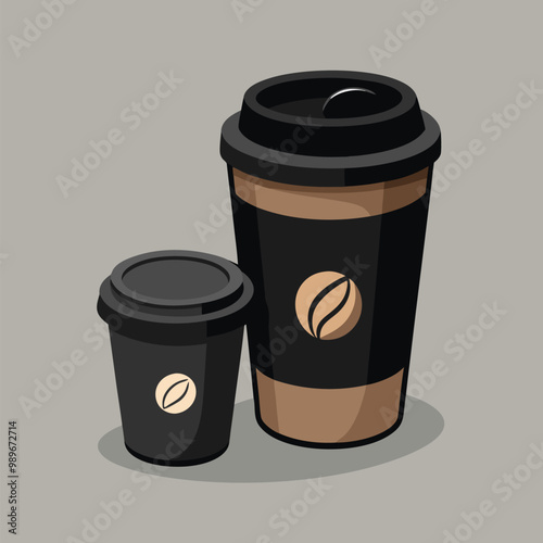 3d black coffee cup isolated vector mockup set. Eco tea mug with plastic lid cover and empty branding design. Dark disposable packaging for takeaway and go cold latte drink professional template.