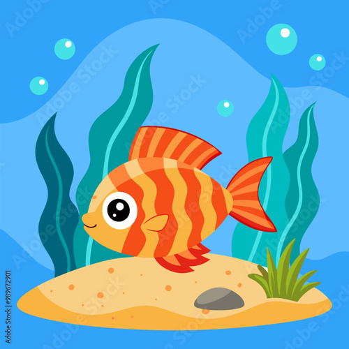 Cute cartoon fish and seaweed in sand. Vector illustration set of childish sea and ocean or aquarium underwater animals and plants. Bright tropical marine creature on blue background with bubbles.