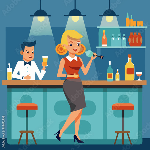 Pub bar interior with bartender making cocktail behind counter with drinks in bottles and female singer with microphone performing among tables and chairs. Cartoon vector restaurant or cafe indoor.