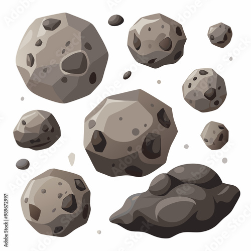 Stone asteroids realistic vector illustration. Meteor or space boulder or rock with craters isolated icon set on white background, various form