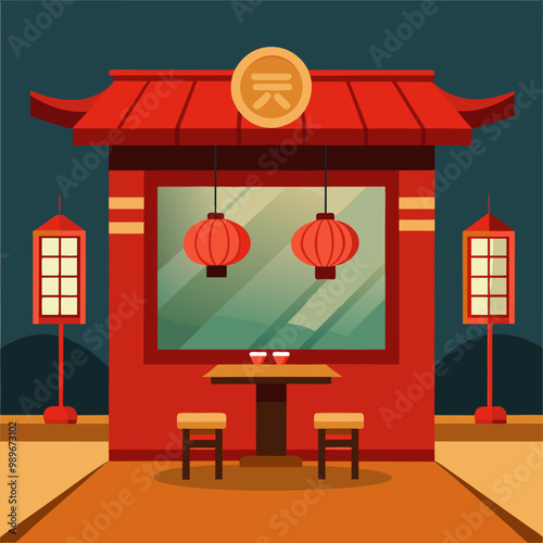 Chinese restaurant empty interior cartoon vector illustration. China cafe dinner room with traditional asian decoration and furniture, oriental red lanterns and folding screen