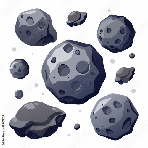 Stone asteroids realistic vector illustration. Meteor or space boulder or rock with craters isolated icon set on white background, various form