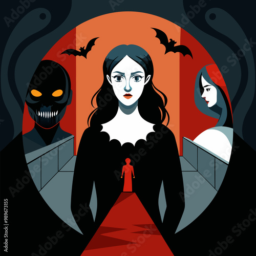 Negative mirror person for woman self in house. Haunted character with evil ego design in room. Scary dark interior and dream with lurking creature. Horror and mystery corridor scene with nightmare