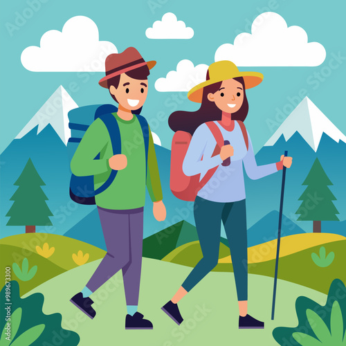 Tourists hiking in mountains with maps. Vector cartoon illustration of man and woman with backpacks smiling on travel route, people enjoying vacation tour and nature recreation, active lifestyle