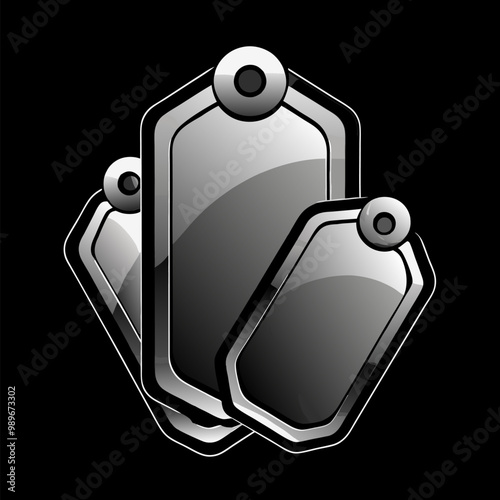 Set of steel tags with blank metal surface isolated on black background. Vector realistic illustration of silver or iron bolted plates, shiny button frames, nameplate badges with light reflection