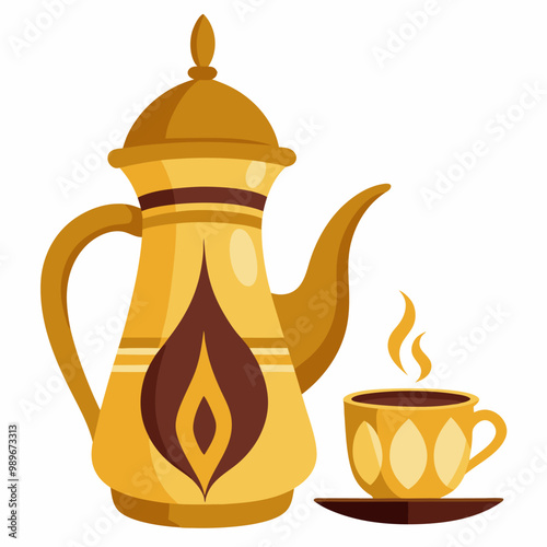 Old Arabic teapot and coffee cup Ramadan cartoon. Turkish arab heritage tea pot icon and clipart set. Golden or copper vintage islamic drink hospitality symbol. Eastern traditional oriental pitcher