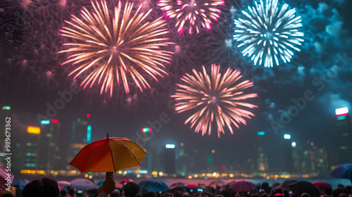 The crowd watching national day fireworks display in rain at waterfront of Victoria Harbour of Hong Kong photo