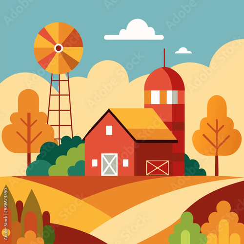 Autumn countryside with farm barn, windmill, water tower and agriculture fields at fall. Vector cartoon illustration of rural landscape of farmland with wooden shed, road and orange trees