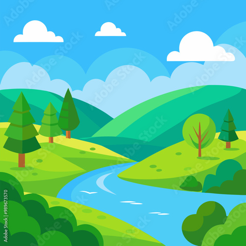 Summer countryside landscape with green trees and fields on river banks. Nature scenery, rural land panorama with hills on sunny day, blue sky with white clouds vector cartoon illustration