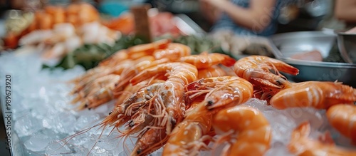 Shrimp On Ice On The Counter Of The Asian Street Market Freshly Caught Shrimps Or Longirostris On The Counter With Ice At The Fish Shop photo