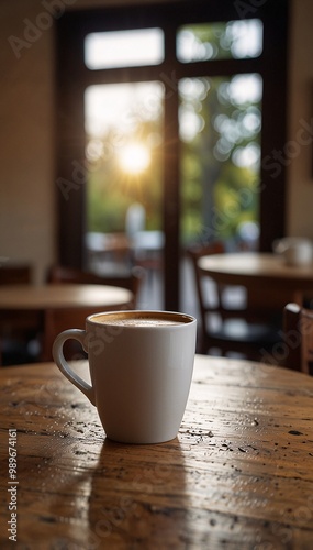 A cup of hot coffee on a wooden table with a cozy, blurred café background