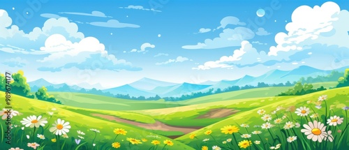 A picturesque landscape with a meadow, hills, mountains, and a blue sky with clouds.