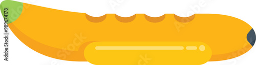 Yellow inflatable banana boat for pulling behind a motorboat, floating on water surface