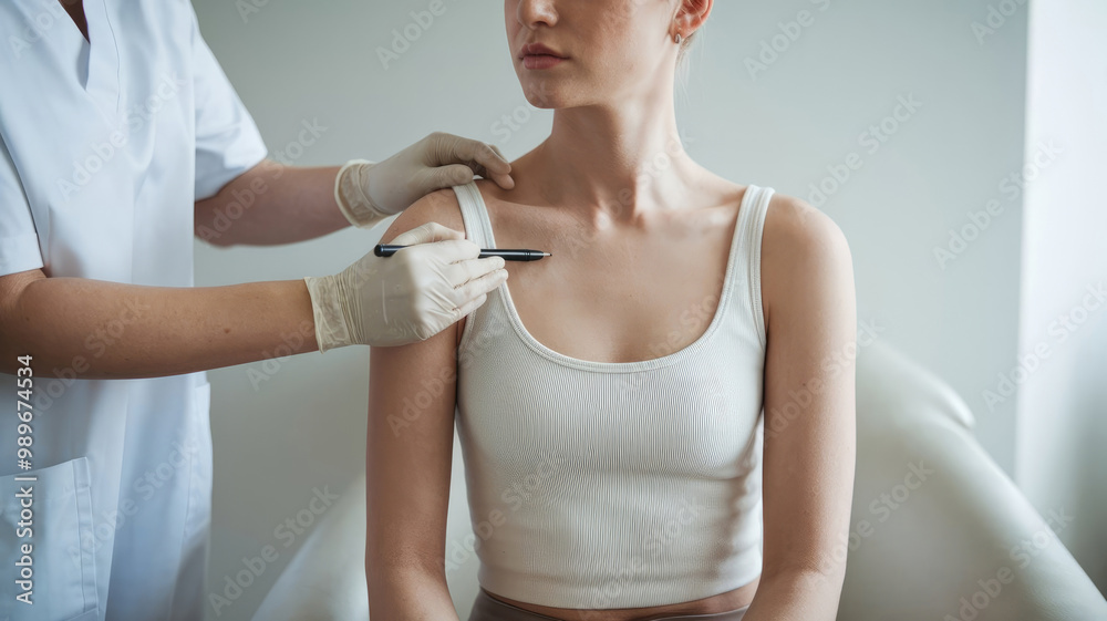 Fototapeta premium A woman is sitting in a chair while a doctor performs a procedure on her. The woman is relaxed and comfortable, and the doctor is wearing gloves and a mask