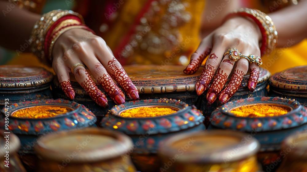 woman's hands featuring colors and cultural religious materials symbolizing hindu traditions during the diwali and hanukkah festivals, complemented by decorations
