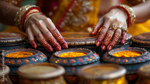 Obraz na płótnie woman's hands featuring colors and cultural religious materials symbolizing hindu traditions during the diwali and hanukkah festivals, complemented by decorations w salonie