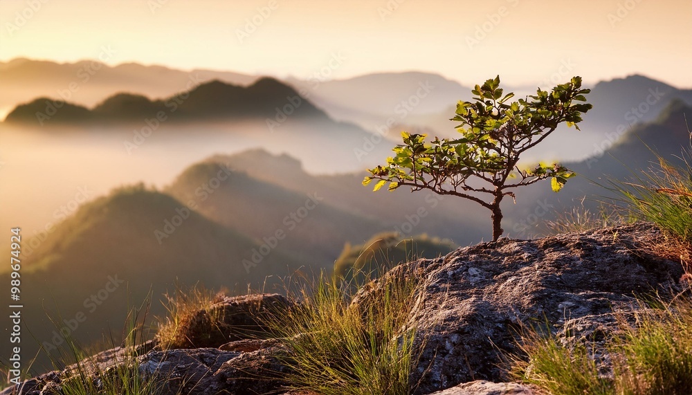 Lone Sapling Thriving on Misty Mountain Overlook Lone Sapling Thriving on Misty Mountain Overlook