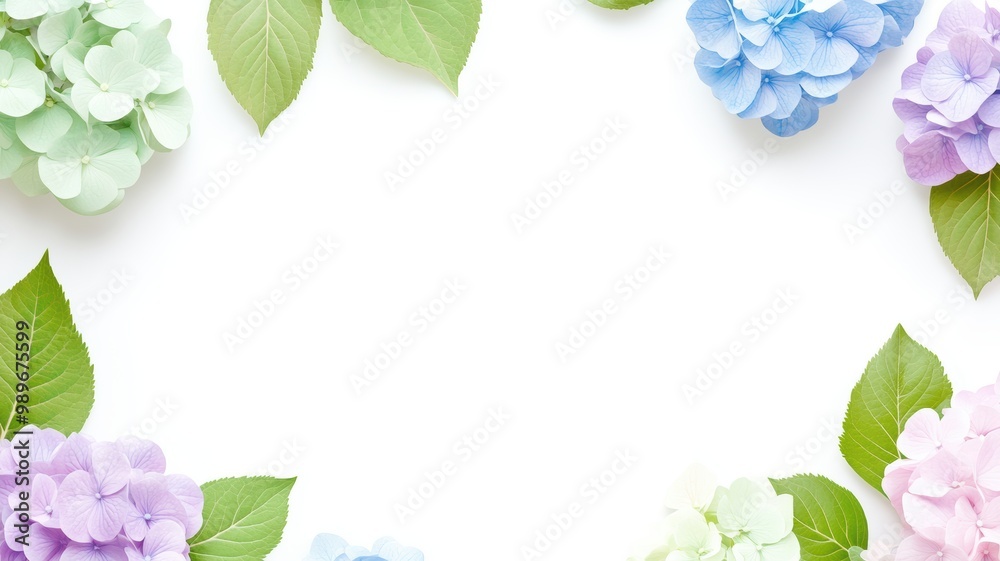 Pastel Hydrangeas in a Floral Frame on White Background Pastel Hydrangeas in a Floral Frame on White Background