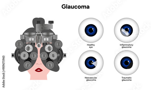 Healthy eye and eye with glaucoma. Ophthalmology eye testing. Inflammatory glaucoma. Neovascular glaucoma. Traumatic glaucoma