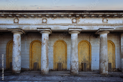 Old creepy abandoned mortuary in the cemetery in Volzhsky photo