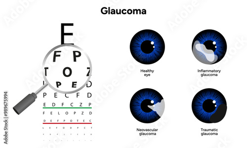 Healthy eye and eye with glaucoma. Ophthalmology eye testing. Inflammatory glaucoma. Neovascular glaucoma. Traumatic glaucoma