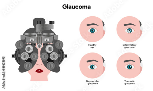 Healthy eye and eye with glaucoma. Ophthalmology eye testing. Inflammatory glaucoma. Neovascular glaucoma. Traumatic glaucoma