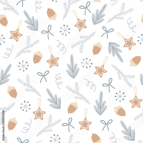 Vector Christmas seamless pattern with winter elements such as pine tree, acorns,bows,snowflakes, etc.