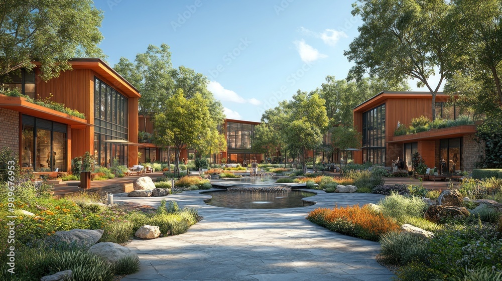 Modern buildings surrounded by lush gardens and a tranquil pond. Modern buildings surrounded by lush gardens and a tranquil pond.