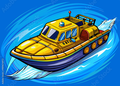 cartoon vector illustration of yellow jet boat, blue sea isolated background, speedboat