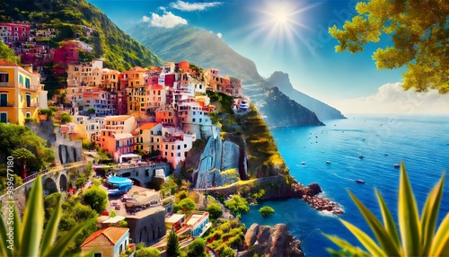 A scenic view of the Amalfi Coast with colorful cliffside houses overlooking the blue Mediterranean Sea under a bright sunny sky