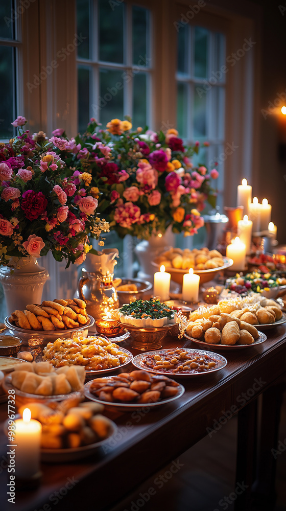 dinner served on a table with decorations and candles for the celebration of diwali and hanukkah, reflecting hindu religious culture