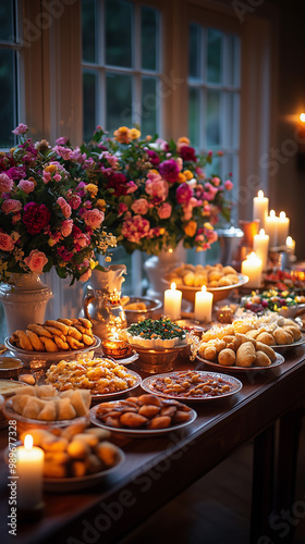 Obraz na płótnie dinner served on a table with decorations and candles for the celebration of diwali and hanukkah, reflecting hindu religious culture w salonie