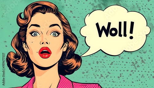 Surprised Woman in Retro Pop Art Style with Comic Book Speech Bubble Saying Woll! photo