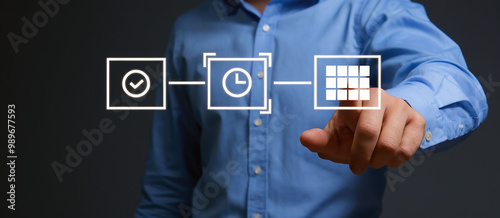 Businessman Using Digital Interface with Checkmark, Clock, and Grid Icons