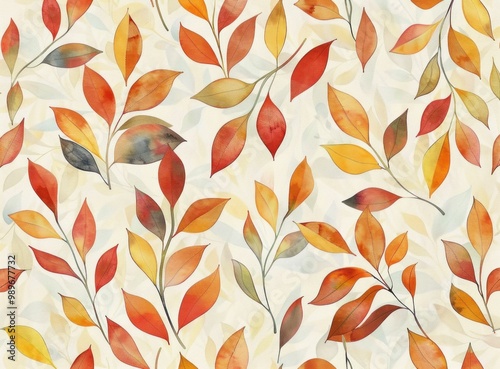 Autumn leaves pattern, watercolor design with vibrant orange, red, and yellow foliage on a light background, ideal for seasonal projects and warm decor