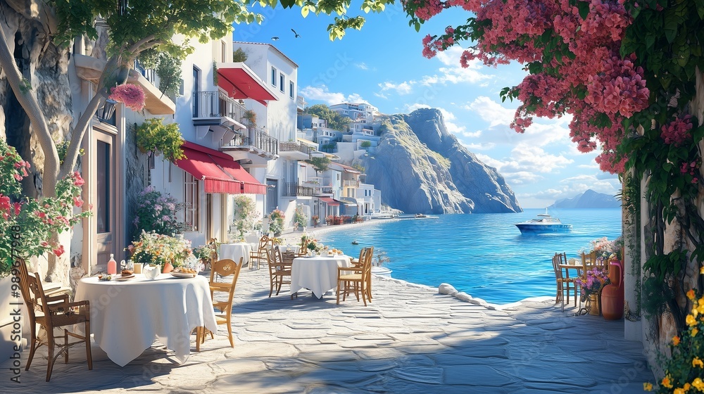Fototapeta premium Picturesque seaside café along a serene coastline in summer, featuring vibrant flowers and tranquil waters