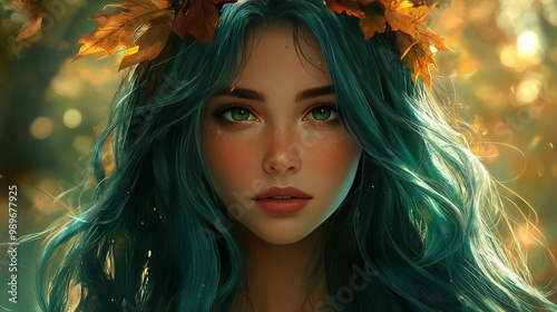 Fantasy girl with flowing hair wearing a golden autumn leaf wreath