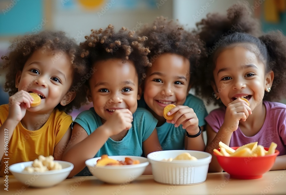 Group of four smiling children eating snacks at the table. Group of four smiling children eating snacks at the table.
