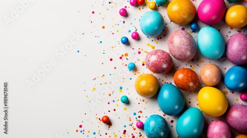 Colorful decorated Easter eggs arranged on a table with confetti in pastel tones during springtime