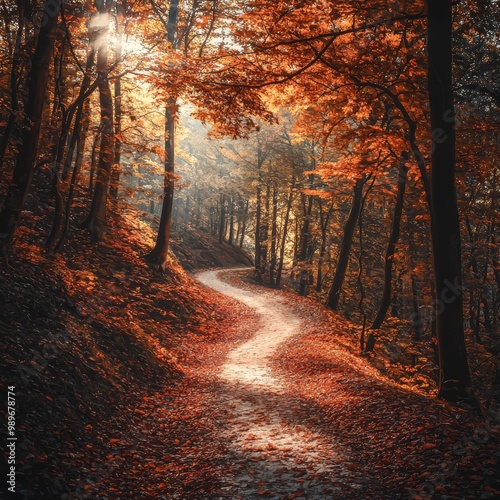 A winding path through a mesmerizing autumn forest filled with vibrant orange leaves and soft sunlight.