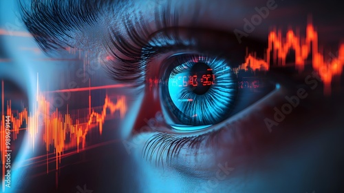 A close-up of advanced robotic eyes observing various fluctuating stock charts, illustrating the role of AI in monitoring and analyzing financial trends  photo